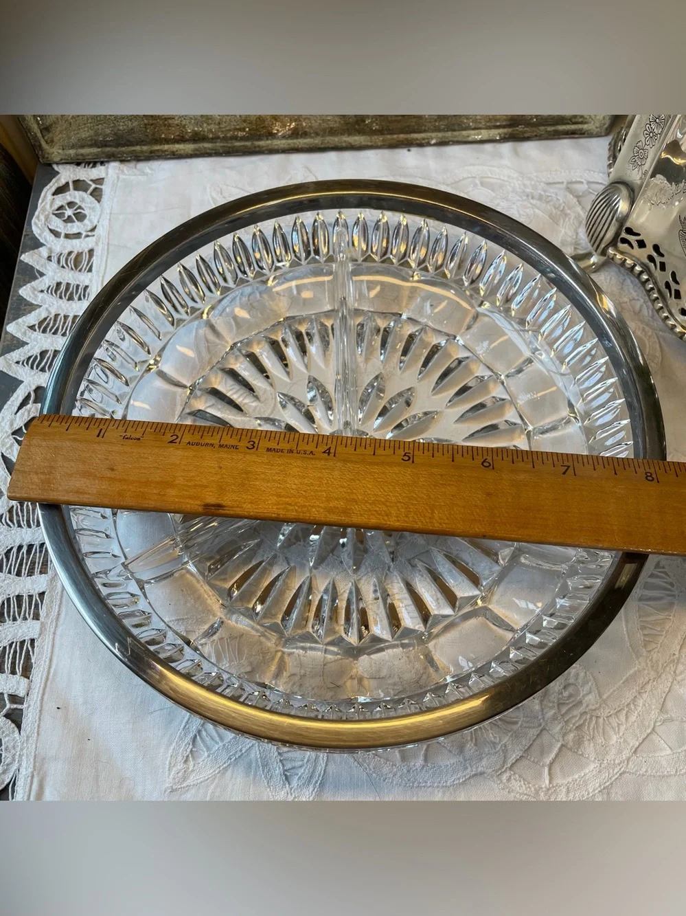 Faceted cut glass round serving dish silver rim Hollywood Regency